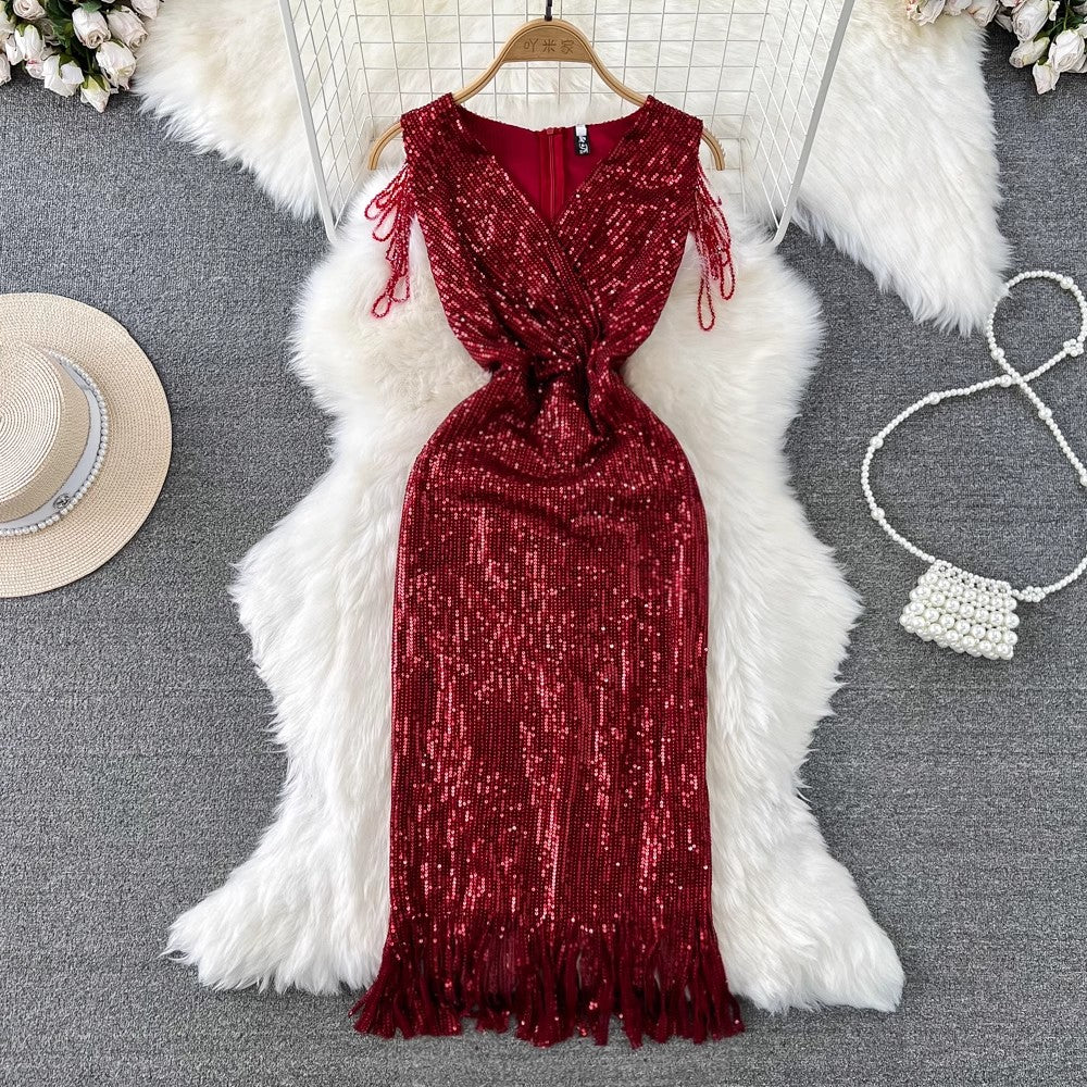 evening dress women's V-neck sequined tassel dress      S3936