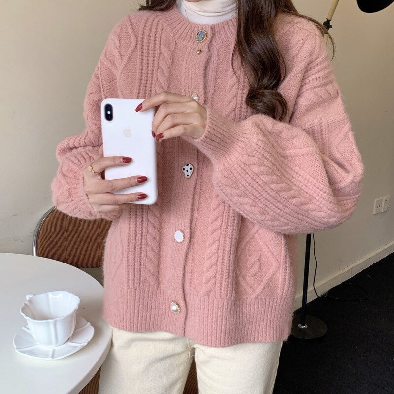 Vintage Women Cardigan Sweater 2023 Sweet Autumn Winter Fashion O-Neck Elegaht Long Sleeve Casual Loose Warm Knitted Sweaters     S2775