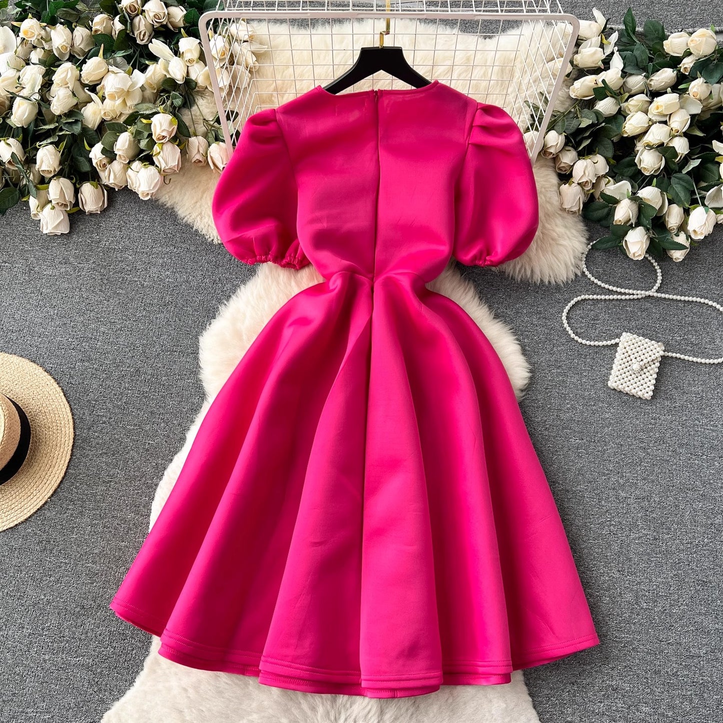 round neck puff sleeve dress for women summer puffy dress      S4603