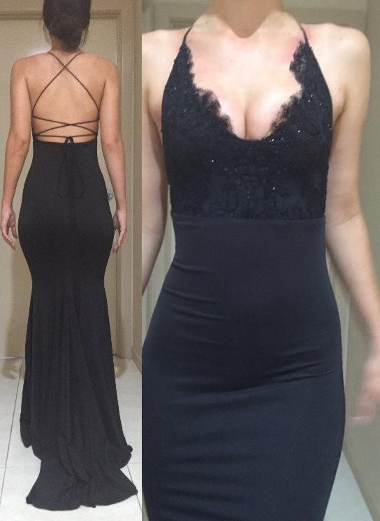 Black Halter Backless Mermaid/Trumpet Stretch Satin Prom Dresses       S3527