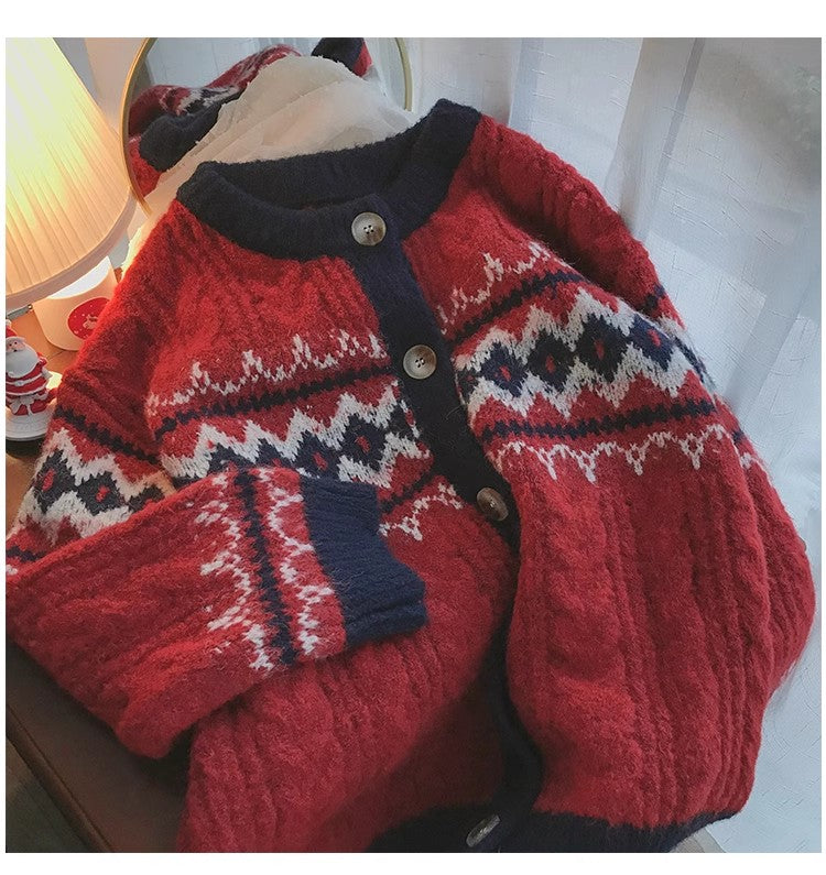 jacquard round neck knitted cardigan for women Christmas red sweater jacket      S4808