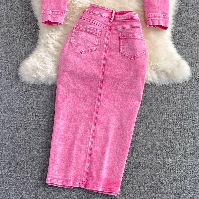 Pink denim jacket short women's jacket top two-piece suit mid-length skirt        S4220