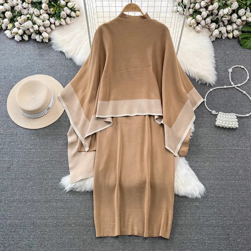 large shawl women's knitted cardigan coat two-piece a-line dress      S4216