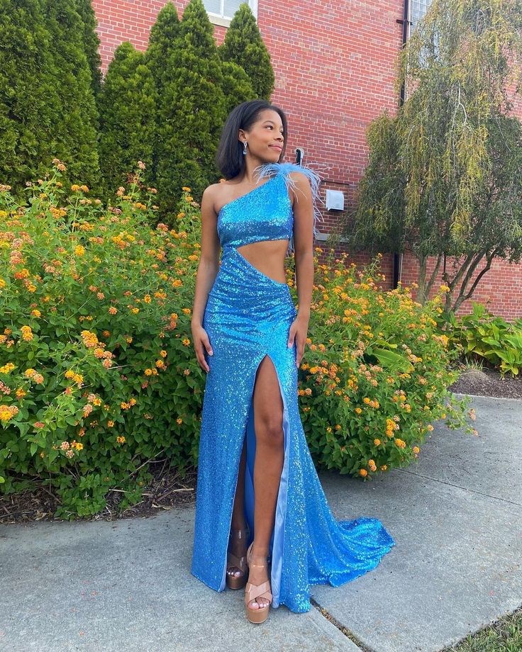 Cute Mermaid One Shoulder Royal Blue Sequins Prom Dresses with Slit          S3652