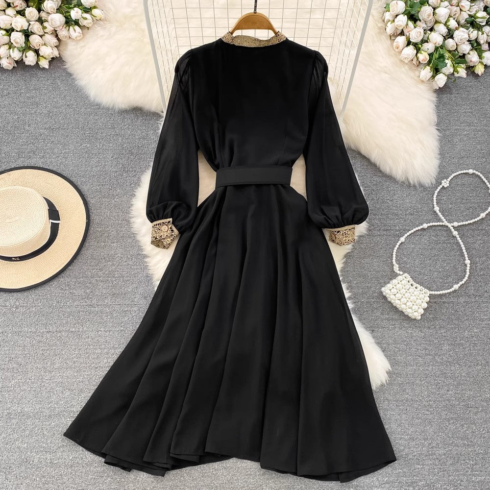 long-sleeved round neck A-line dress elegant long skirt     S3972