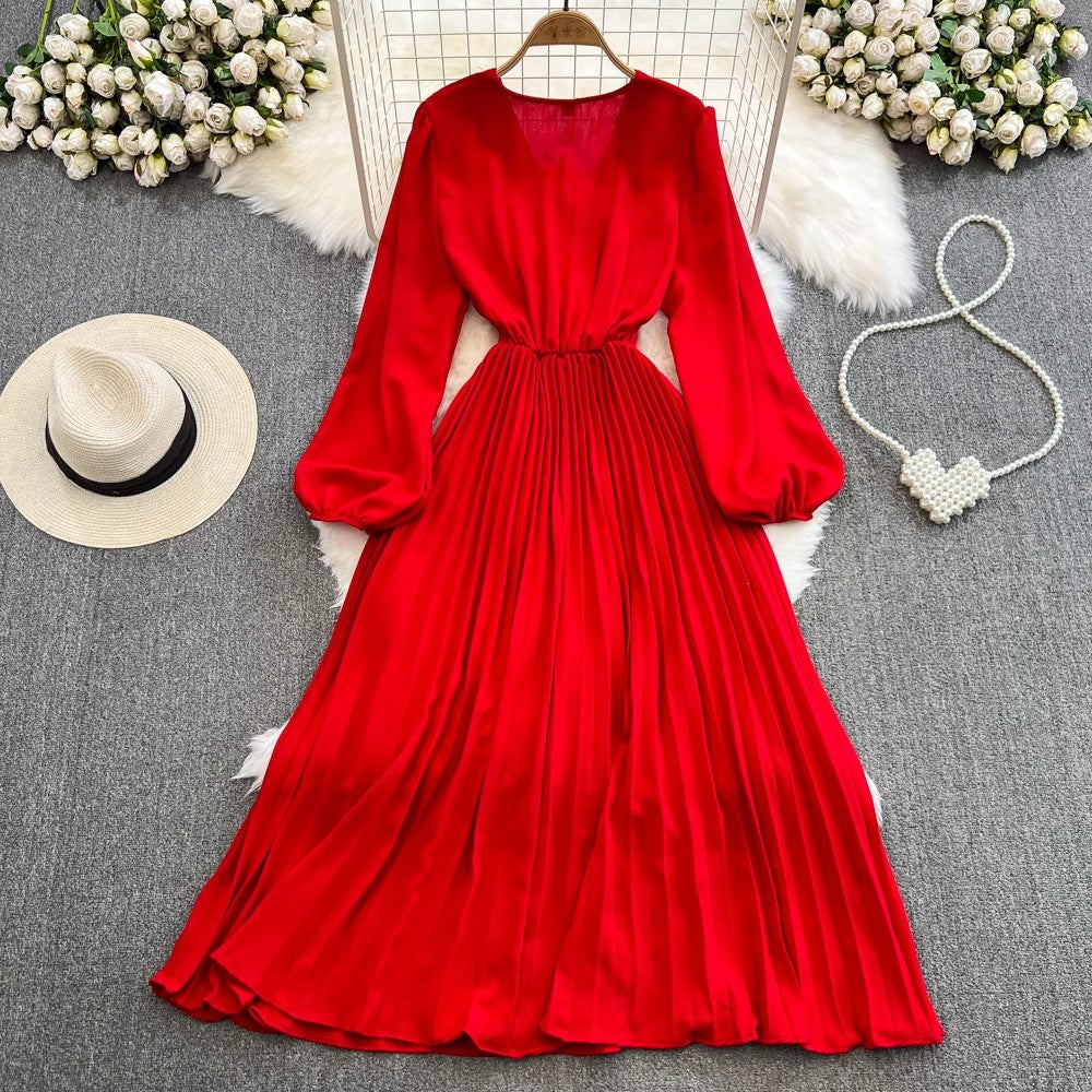 lantern long-sleeved V-neck A-line pleated dress elegant long skirt     S4044