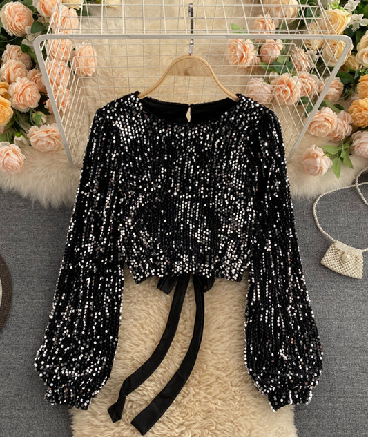 Shiny Long Sleeve Sequins Tops Open Back Tops      S4392