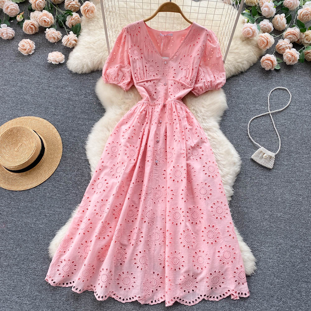 Puff Sleeve V-neck Lace Dress       S4466