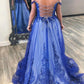 Blue Off the Shoulder Appliques Tulle Formal Dress      S3829