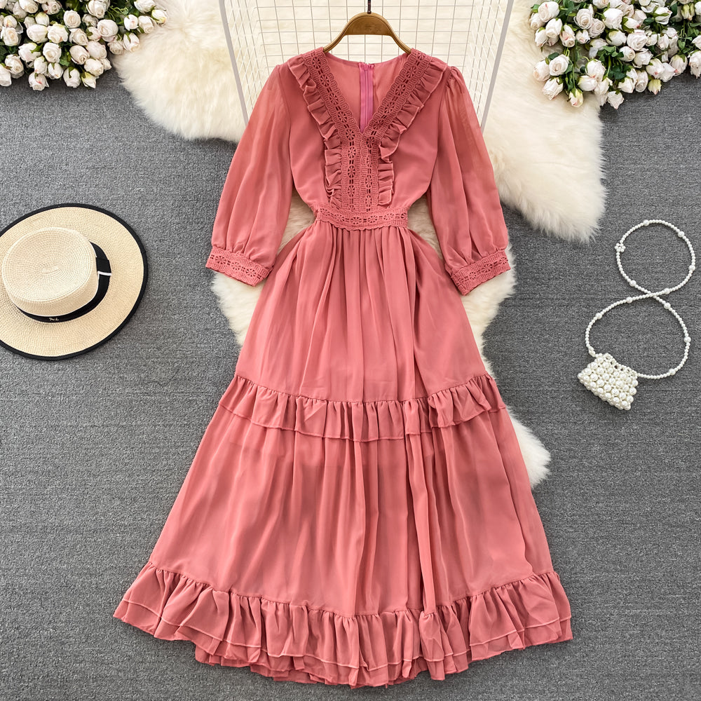 Cute A-line Chiffon Dresses, V-neck 1/2 Sleeve Fashion Dresses     S4413