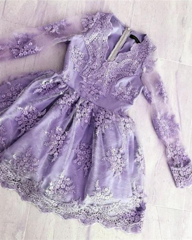 Lavender Long Sleeve Lace Homecoming Dress        S3157