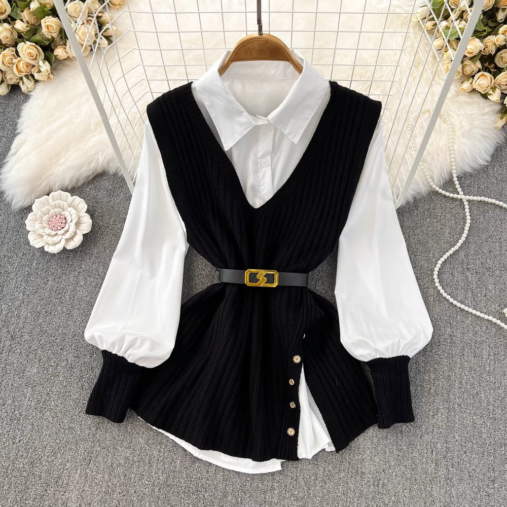 white shirt tops for women knitted vest two-piece set     S4047