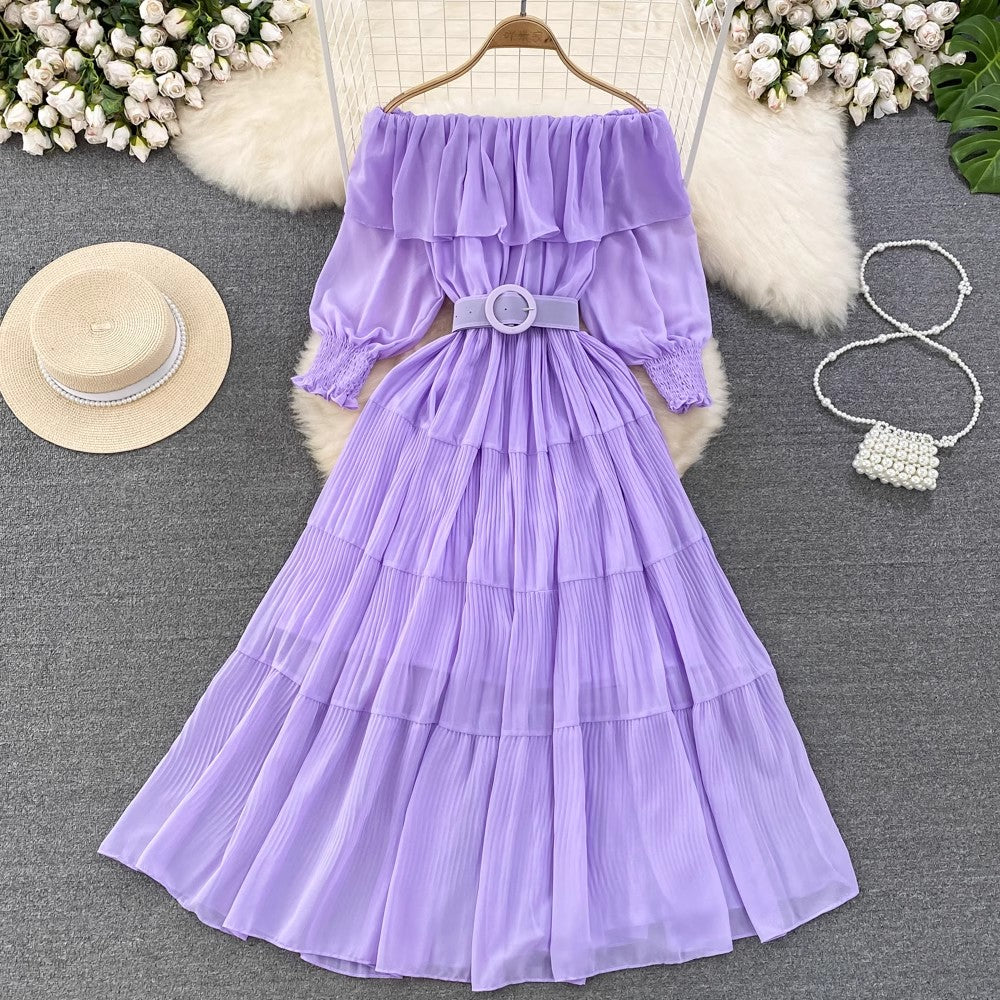 off-shoulder ruffled A-line pleated dress elegant long skirt    S4426