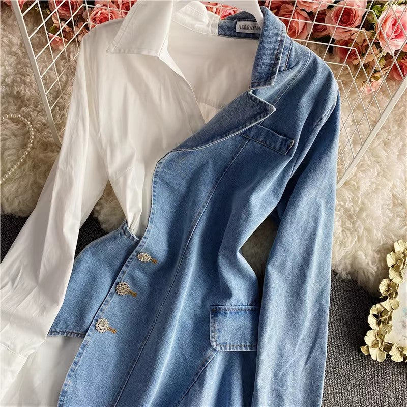 New Fashion Irregular Denim Long Sleeve Shirt Dress Polo Skirt     S4065