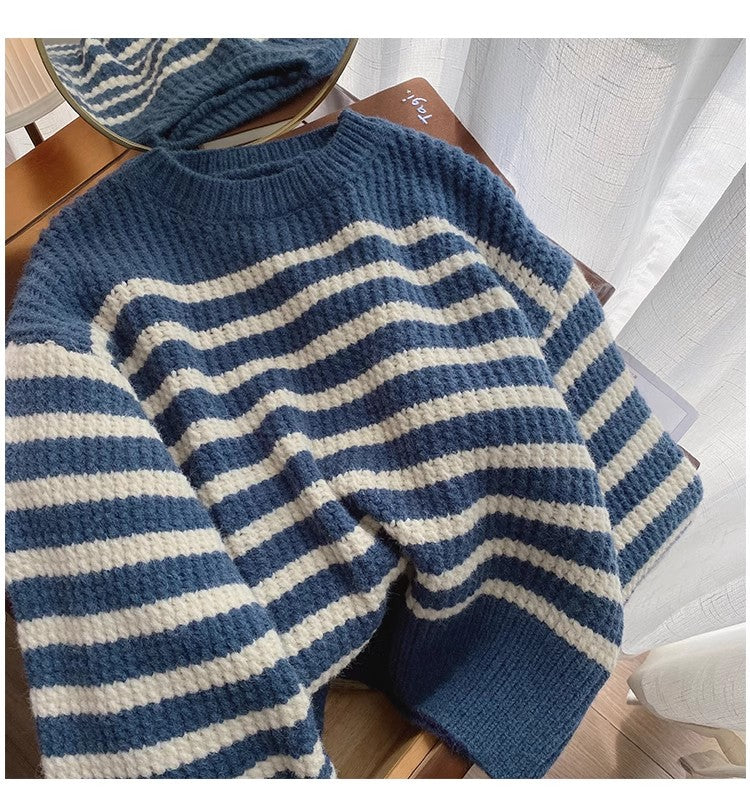 Striped long-sleeved sweater for women round neck top       S4913