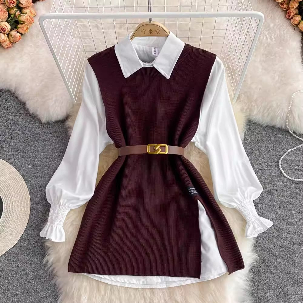 lantern sleeve white shirt sweater two-piece set    S3978