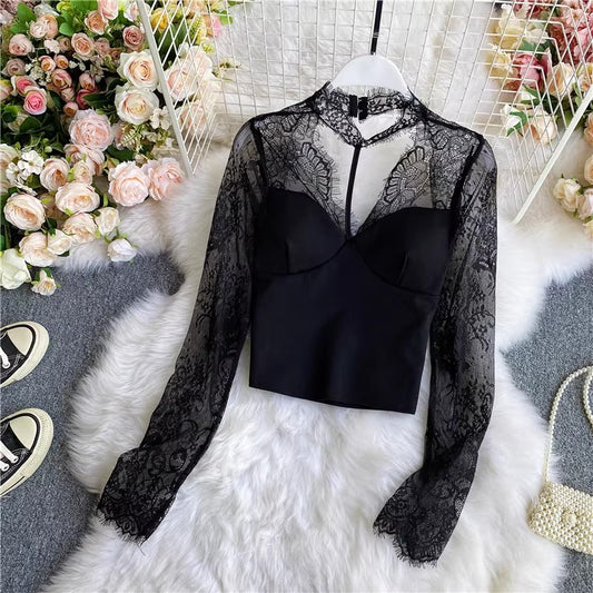 sexy see-through halter neck lace shirt for women      S3889