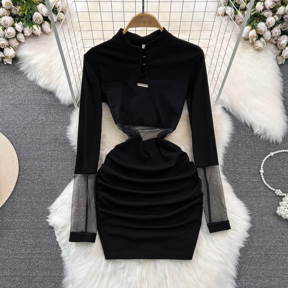 Fashionable sexy long-sleeved mesh waist dress      S4000