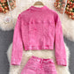 Pink denim jacket short women's jacket top two-piece suit mid-length skirt        S4220