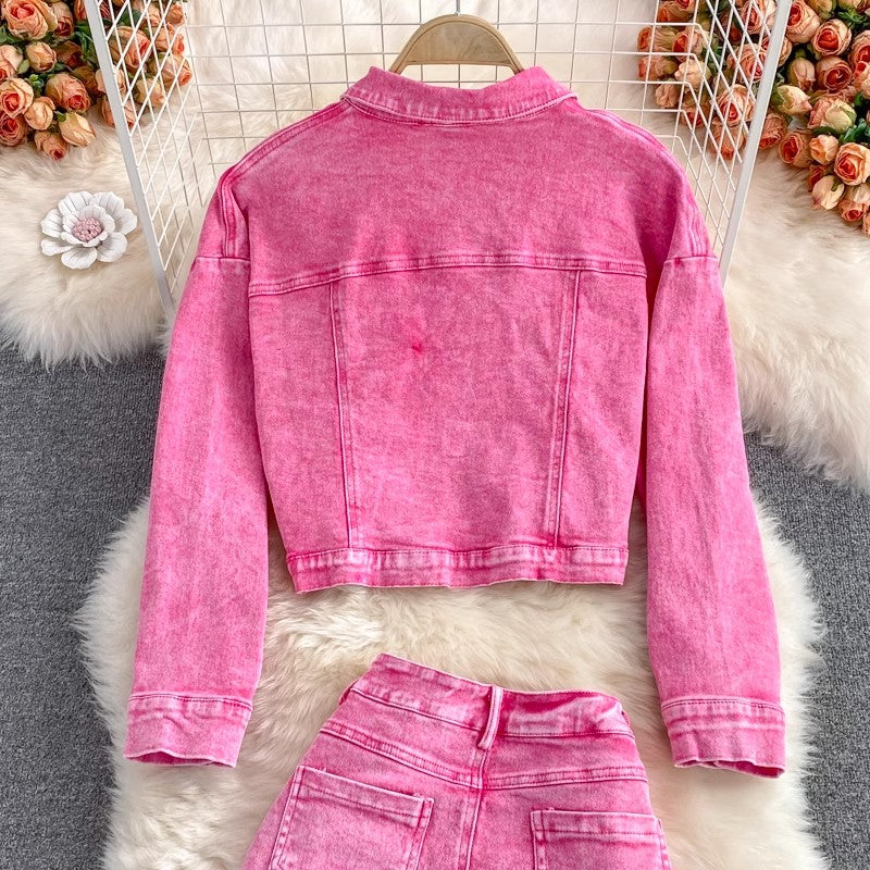 Pink denim jacket short women's jacket top two-piece suit mid-length skirt        S4220