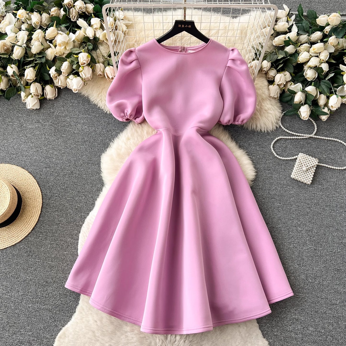 round neck puff sleeve dress for women summer puffy dress      S4603