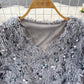 long-sleeved V-neck A-line sparkling sequined furry dress for women     S4336