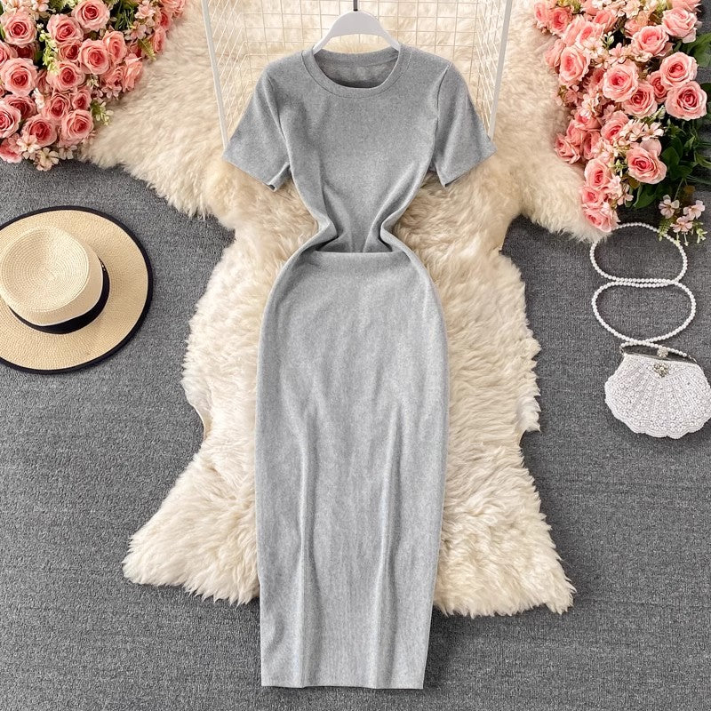 new gray round neck short-sleeved dress slit long skirt     S4253