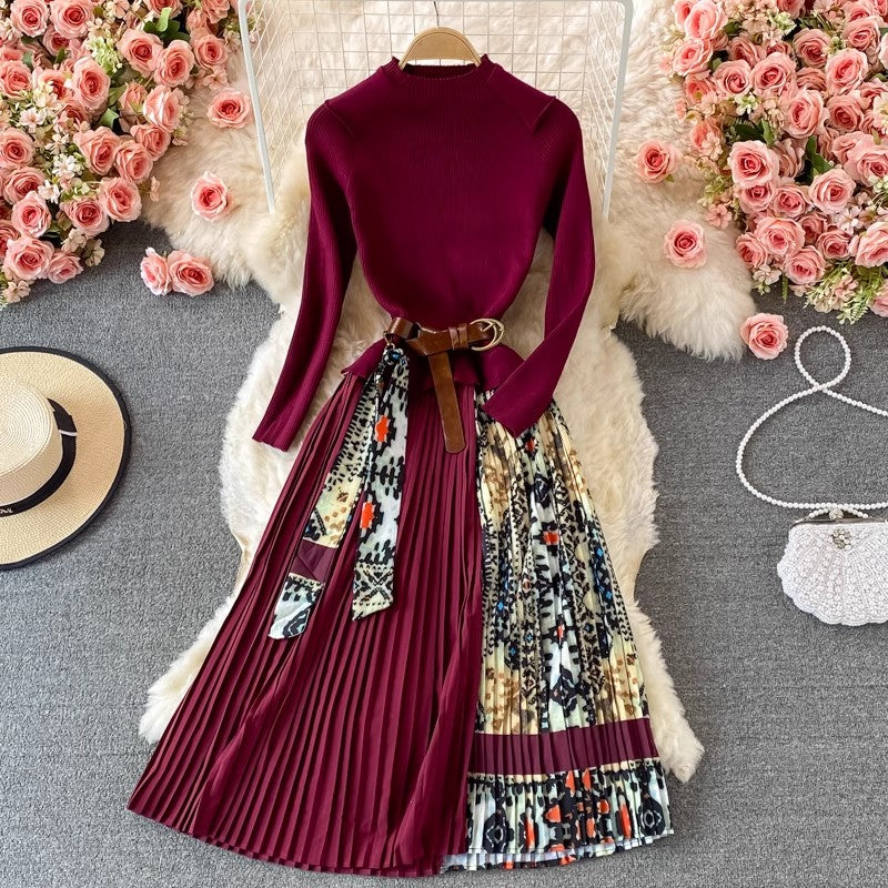 Print Skirt Knitted Sweater Pleated Dress       S3944