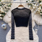 long-sleeved T-shirt women's diamond mesh design top   S4496