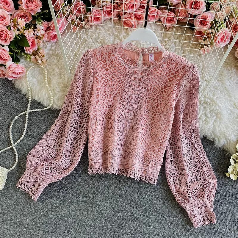 solid color long-sleeved top with lace for women     S4019