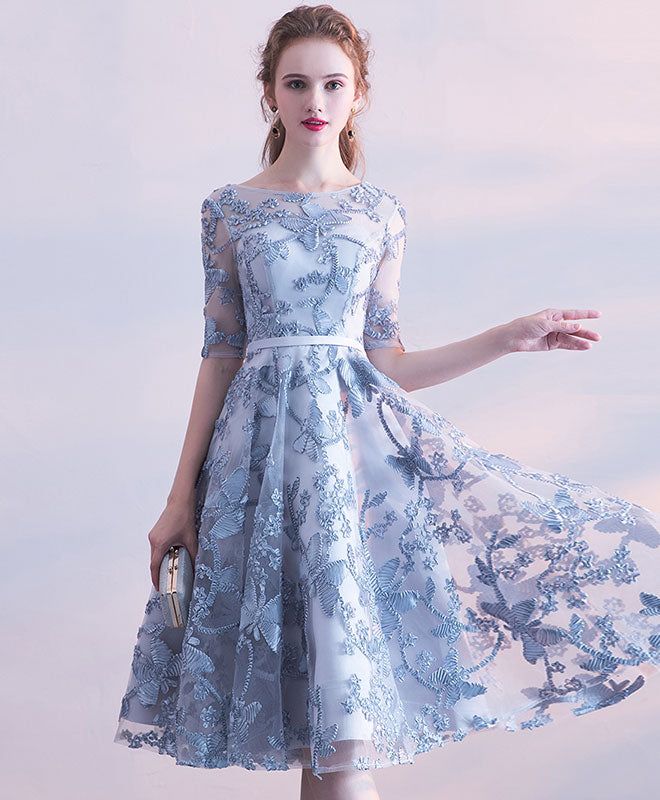 Blue Tulle Lace Short Prom Dress, Blue Homecoming Dress     S2691