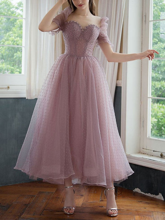 Sweetheart Tulle Beads Tea Length Pink Prom Dress, Tulle Homecoming Dress      S3243