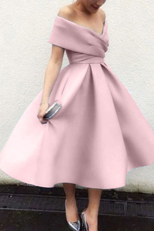 Off the Shoulder Satin Midi Cocktail Dress Tea Length Formal Dress    S2924