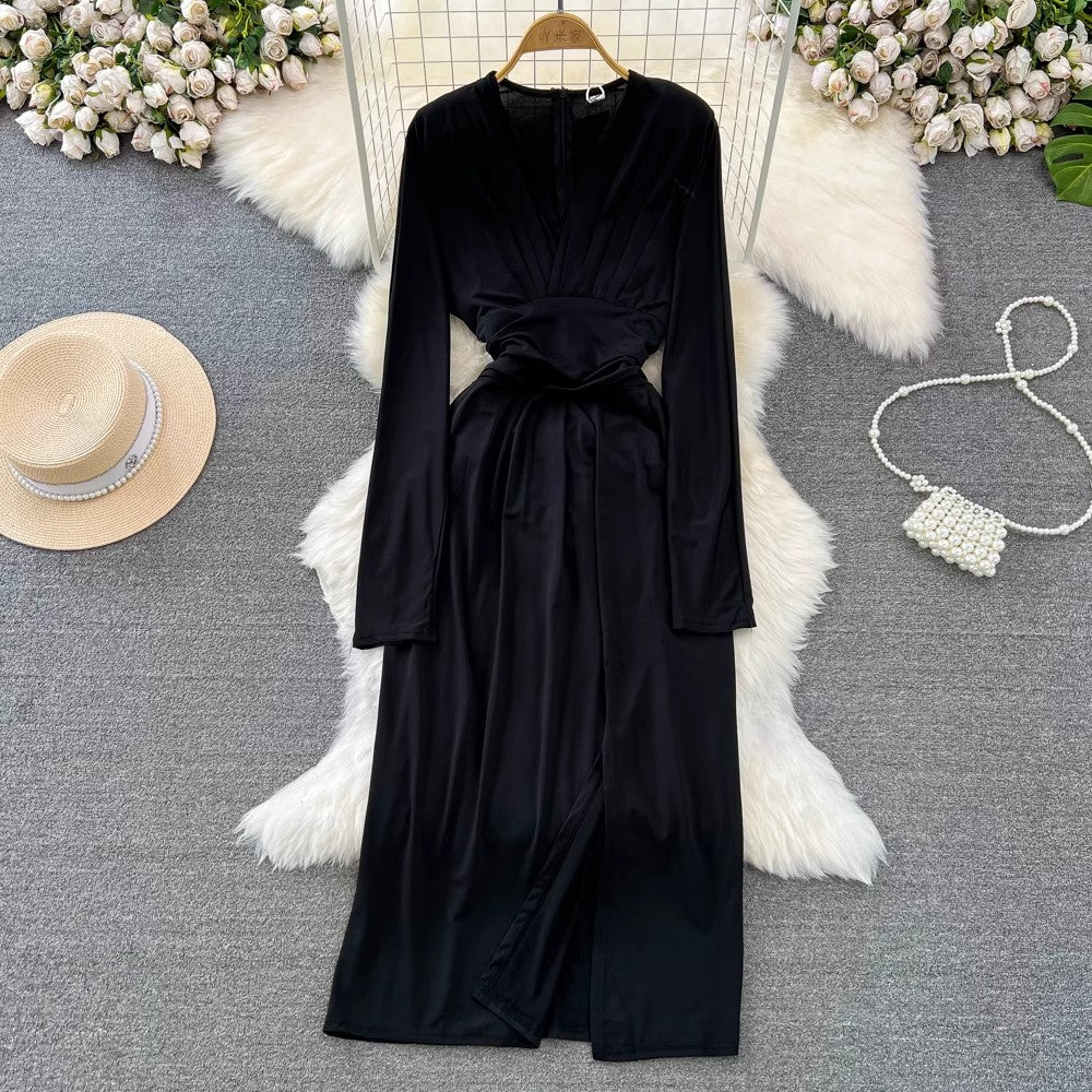 fashionable long-sleeved V-neck pleated waist mid-length slit A-line dress      S4484