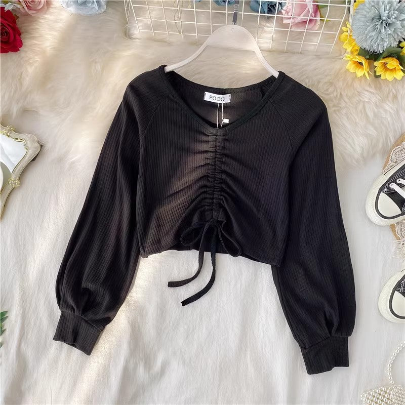 sexy short crop top design V-neck style long-sleeved T-shirt      S4129