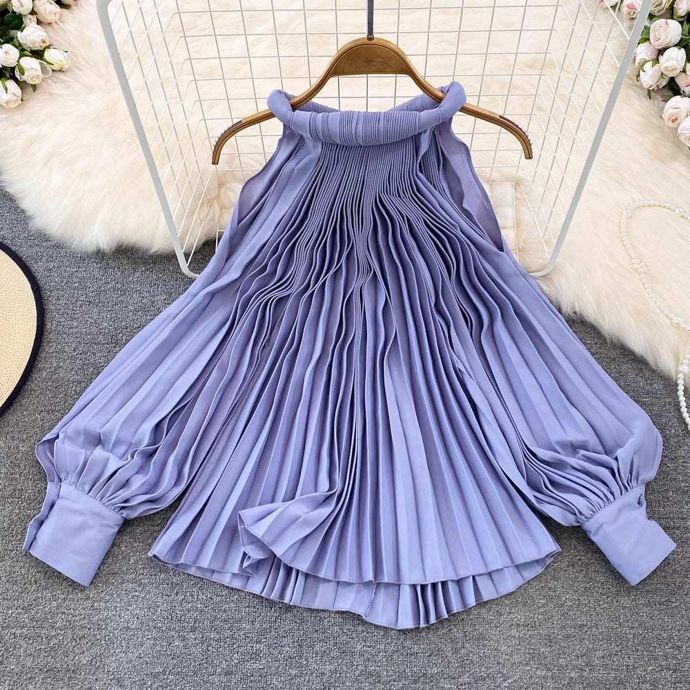 Round Neck Halter Neck Off-Shoulder Lantern Sleeve Pleated Shirt Women's Casual Top    S4125