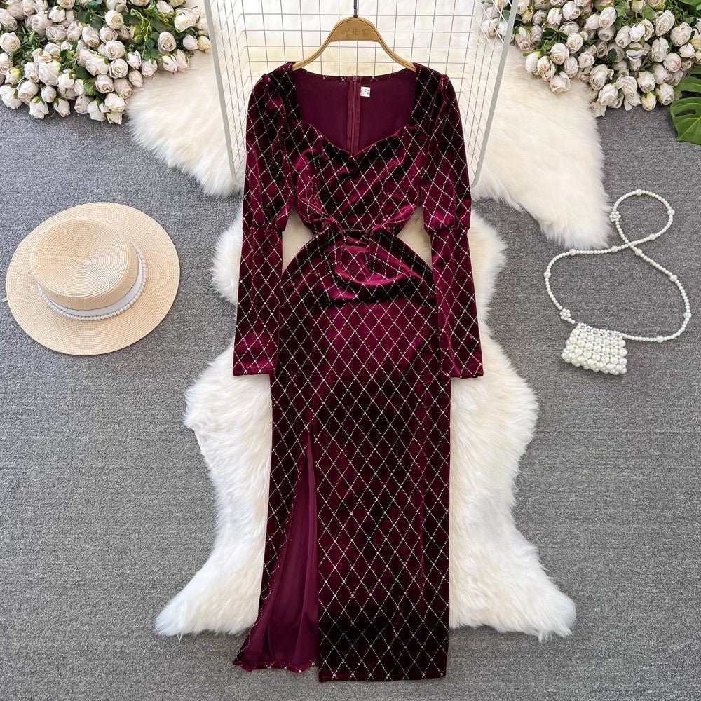 Fashionable lantern sleeve V-neck mid-length slit velvet dress     S3975