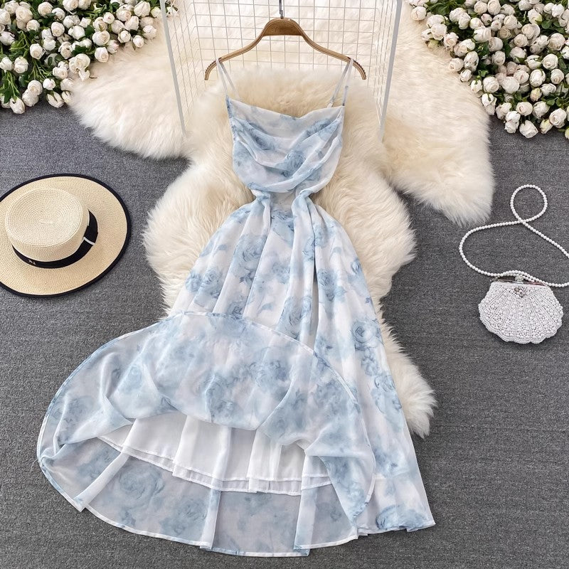 floral suspender skirt long skirt chiffon dress     S4134