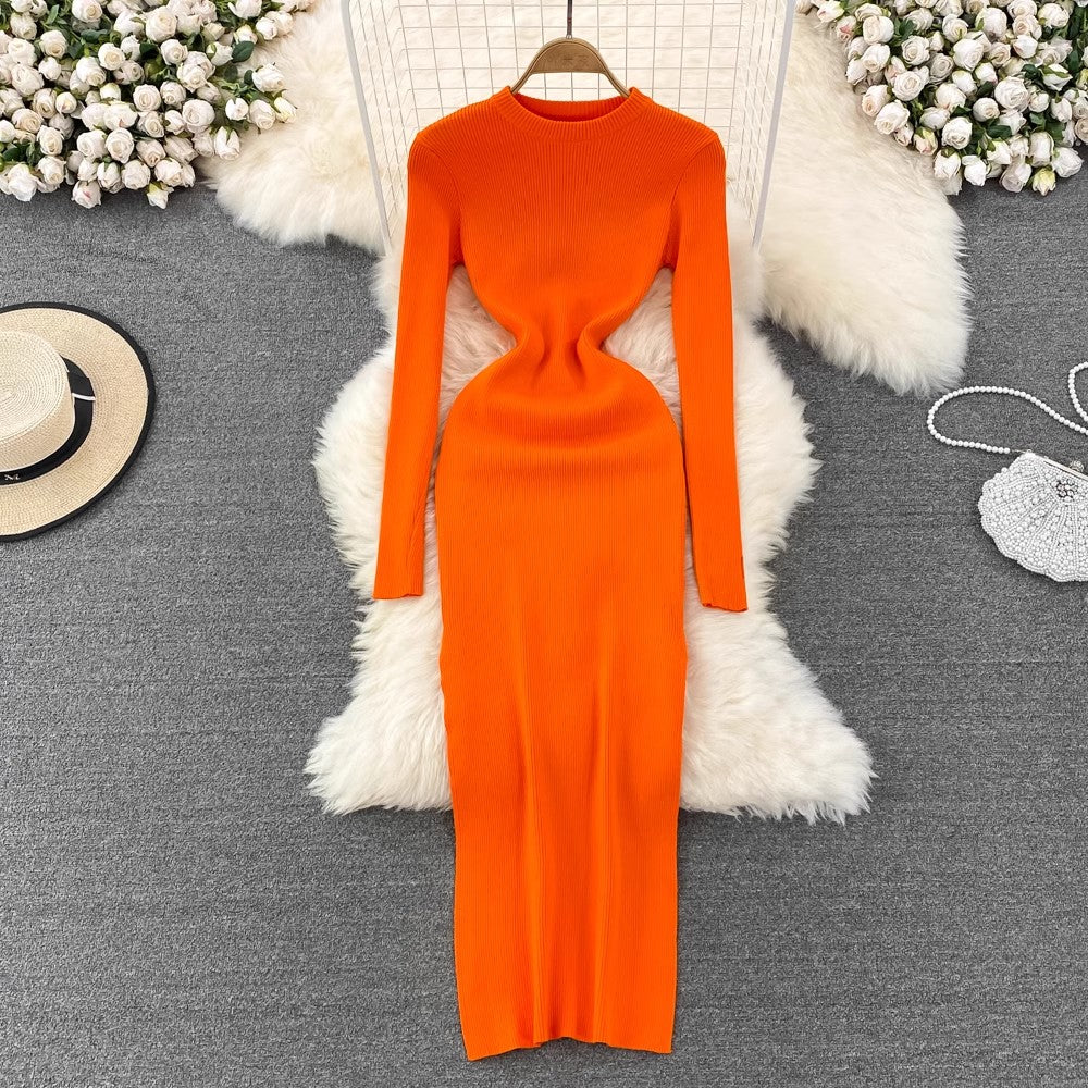 long-sleeved round neck elastic tight mid-length knitted dress      S4010