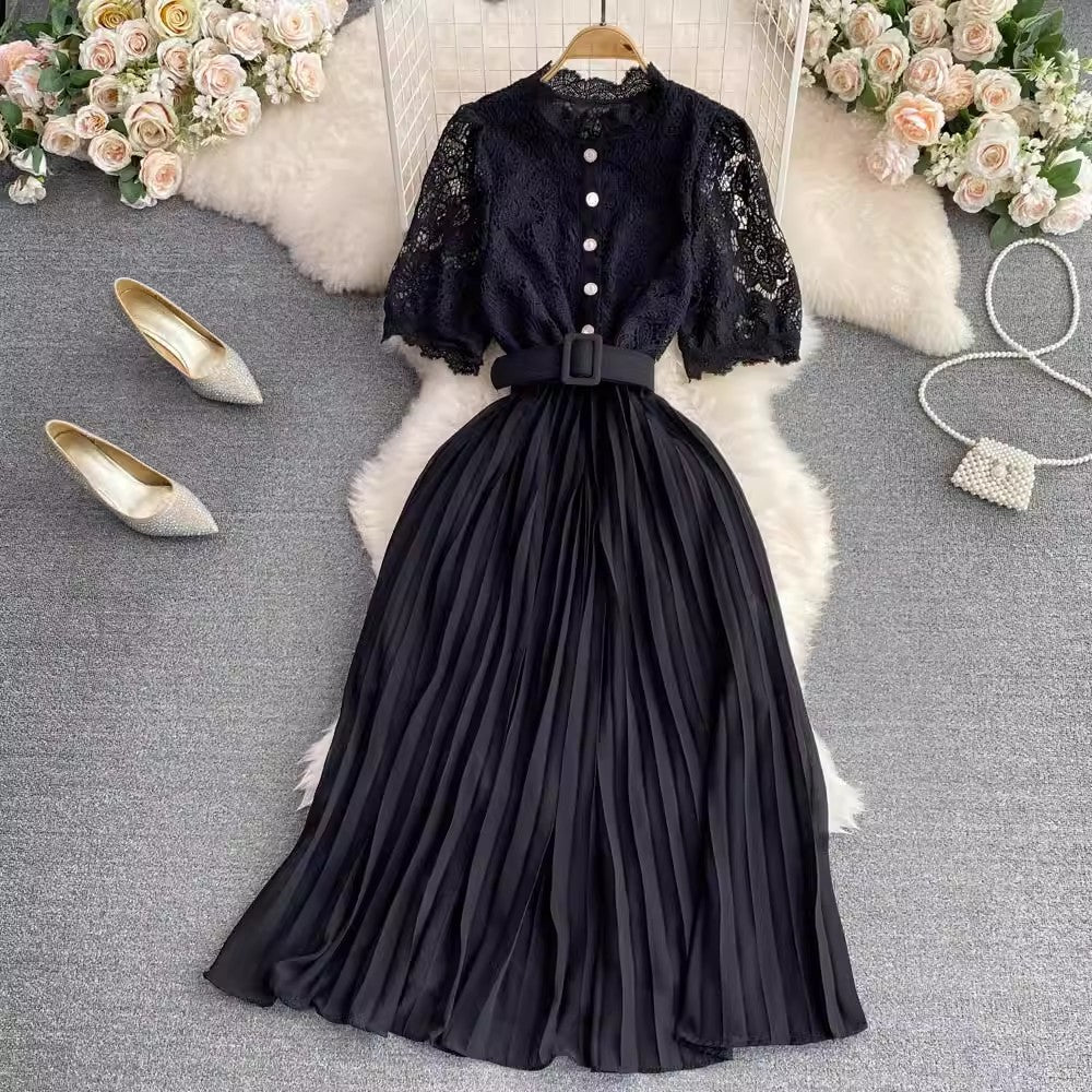 short-sleeved round-neck lace pleated dress elegant long skirt     S4312