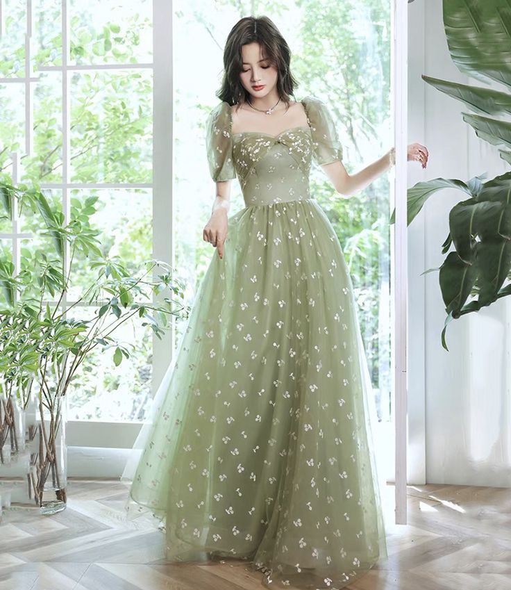 Lovely cherry pattern long prom dress green evening dress       S3689