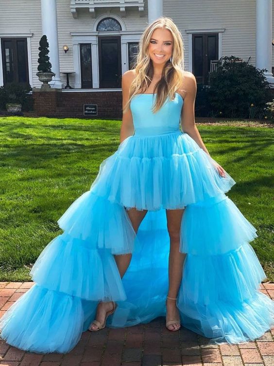 Blue tulle high low prom dress blue tulle evening dress      S3251