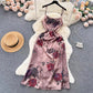 Romantic, Retro, Rose Print Halter Dress, Luxury Waist Long Dress     S4479