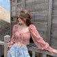 Fashion Floral Chiffon Women's Shirt Sweet Square Neck Puff Sleeve Crop Tops Lace Up Long Sleeve Blouse Woman      S2828