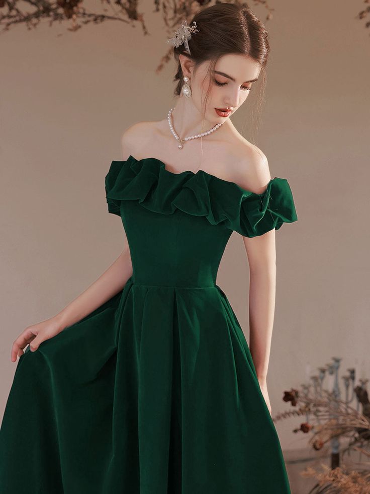 A-Line Off Shoulder Velvet Green Long Prom Dress, Green Formal Evening Dress          S3007