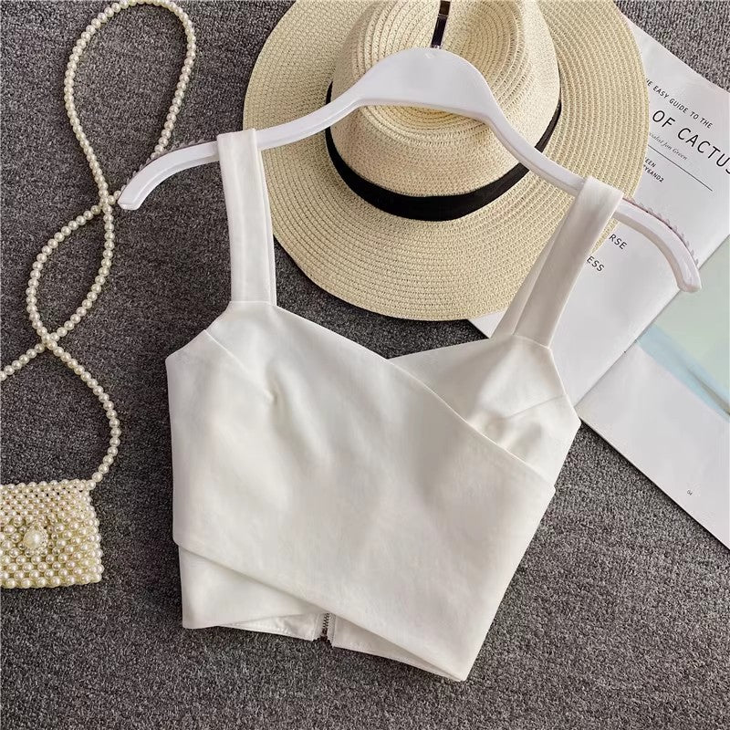 Summer white wide shoulder strap short cross tube top crop top sleeveless    S4203