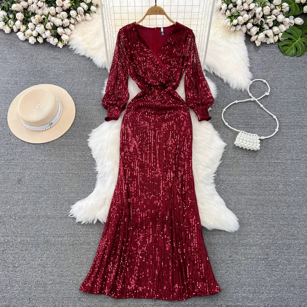 evening dress lantern long-sleeved V-neck sequined dress     S4142