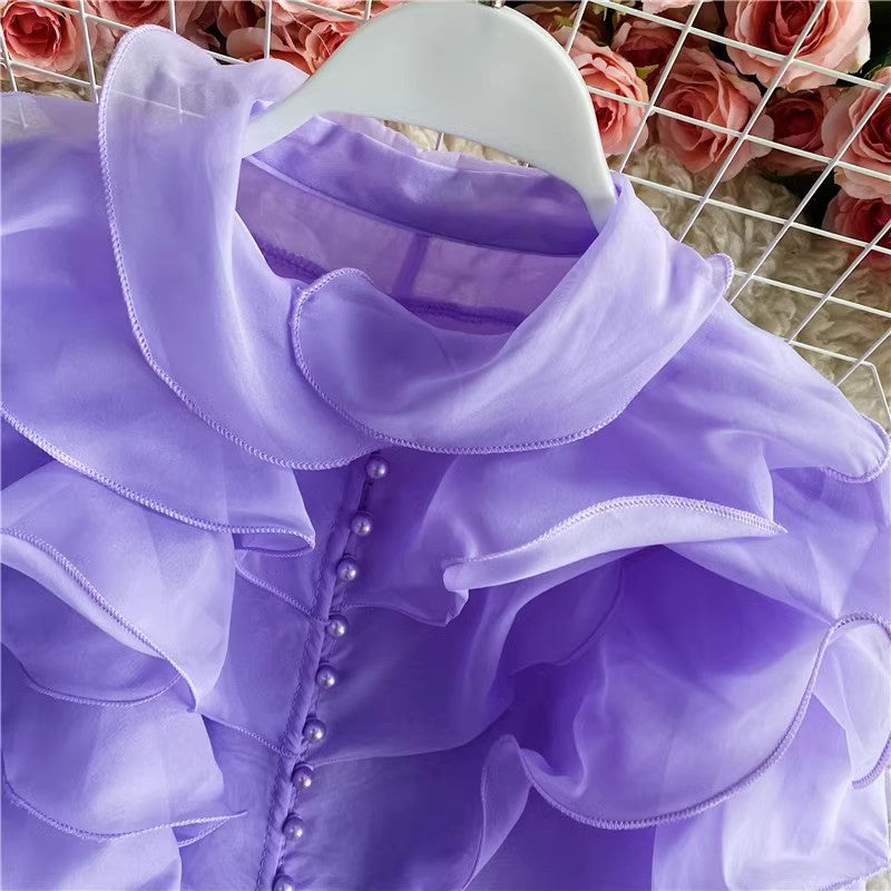 new style layered ruffled organza shirt for women see-through top with bell sleeves      S4234