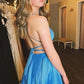 Blue A-Line Spaghetti Straps Prom Dresses With Slits And Open Back        S3729