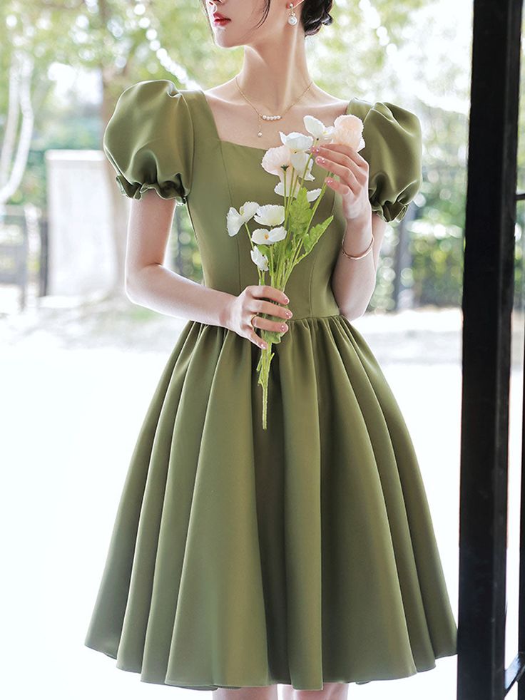 Simple Green Satin Short Prom Dress, Green Satin Bridesmaid Dress     S3299